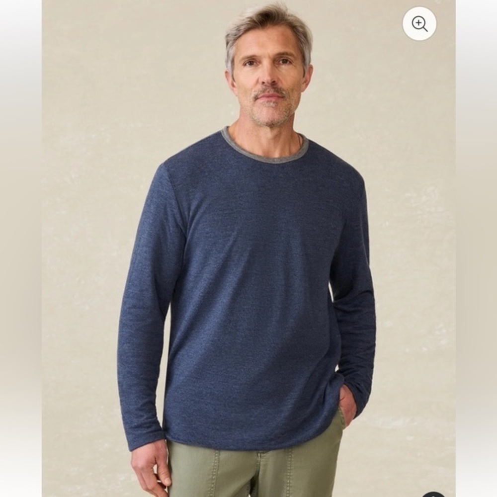 FAHERTY cloud reversible crew shirt in medium M grey heather / navy cream